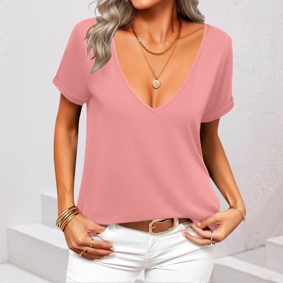 HongQid Womens Tshirts V Neck Short Sleeve Tee Solid Color Blouse Loose Fit Summer Casual Basic Tops