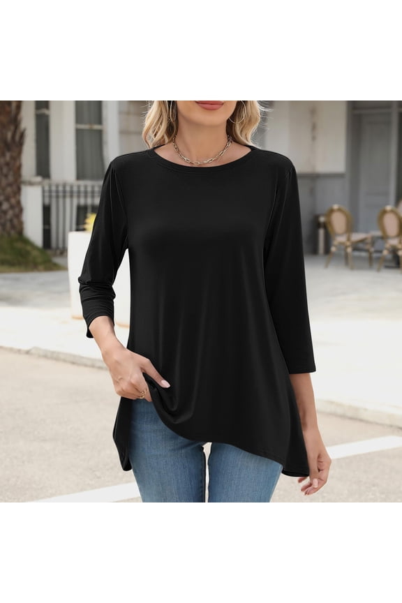 Womens Tunic Plus Size 3/4 Sleeve Tops Round Neck Casual Long Swing Blouses Shirts Loose Fit Dressy