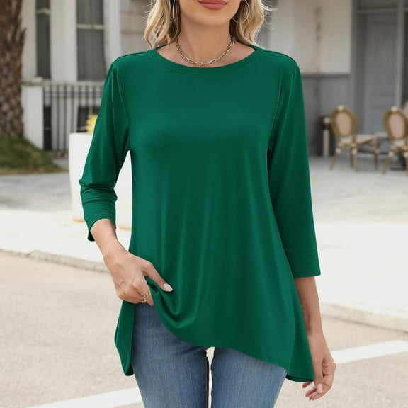 HongQid Womens Tunic Plus Size 3/4 Sleeve Tops Round Neck Casual Long Swing Blouses Shirts Loose Fit Dressy