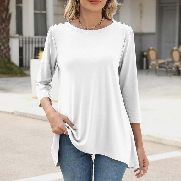 HongQid Womens Tunic Plus Size 3/4 Sleeve Tops Round Neck Casual Long Swing Blouses Shirts Loose Fit Dressy