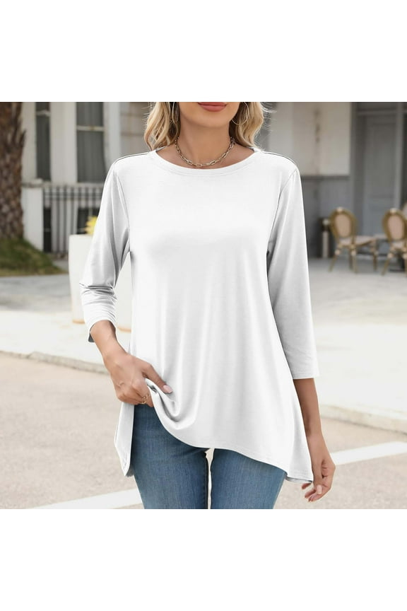 Womens Tunic Plus Size 3/4 Sleeve Tops Round Neck Casual Long Swing Blouses Shirts Loose Fit Dressy