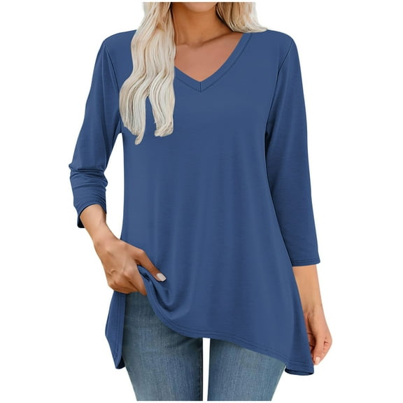 HongQid Womens Tunic Plus Size 3/4 Sleeve Tops V Neck Casual Long Swing Blouses Shirts Loose Fit Dressy