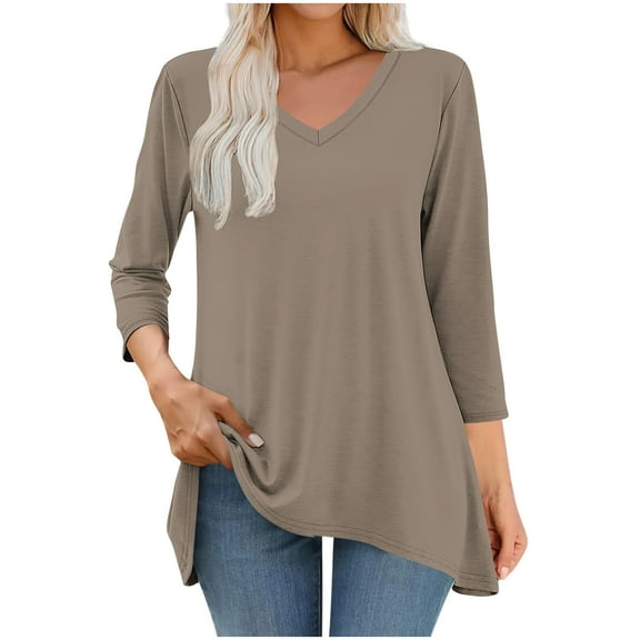 HongQid Womens Tunic Plus Size 3/4 Sleeve Tops V Neck Casual Long Swing Blouses Shirts Loose Fit Dressy