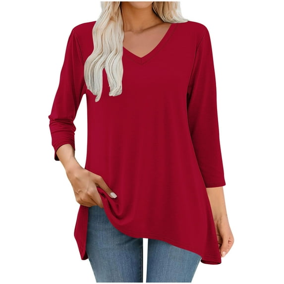 HongQid Womens Tunic Plus Size 3/4 Sleeve Tops V Neck Casual Long Swing Blouses Shirts Loose Fit Dressy