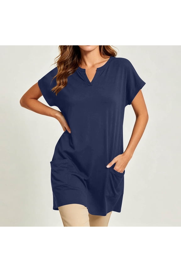 Womens Tunic Tops Short Sleeve Split Neck With Pockets Side Slit Casual Long Length Blouses For Women