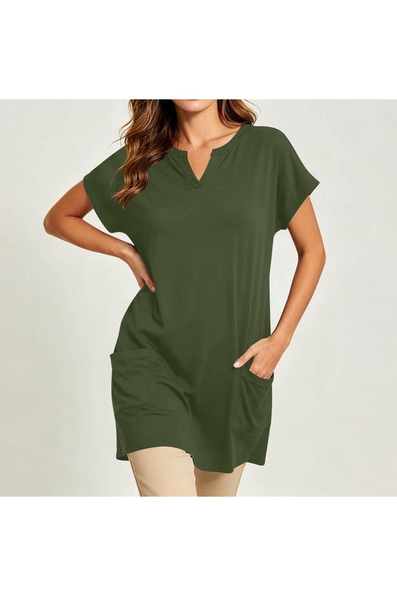 Womens Tunic Tops Short Sleeve Split Neck With Pockets Side Slit Casual Long Length Blouses For Women