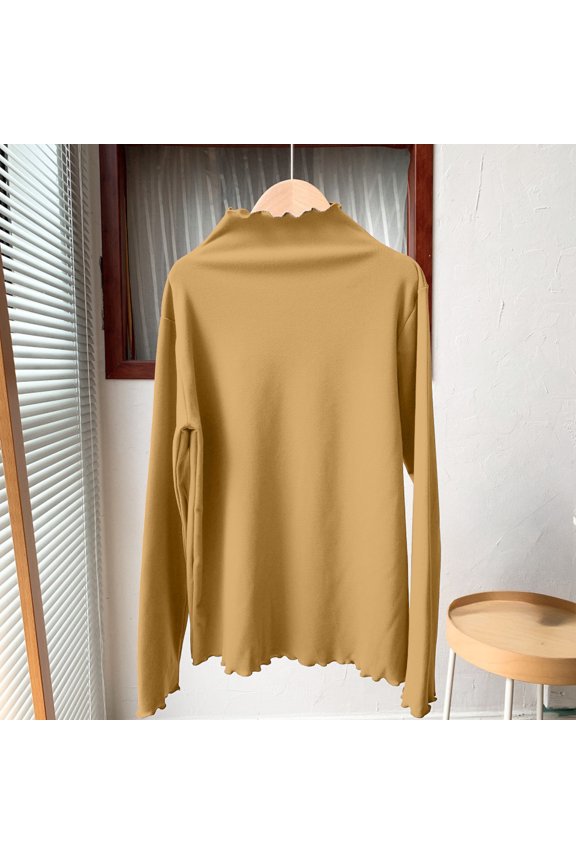 Womens Turtleneck Top Ruffle Trim Mock Neck Stretch Rib Long Sleeve Slim Fitted Spring Fall Layering Base Shirt Solid Color Tops