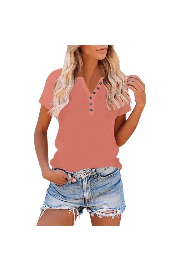 Womens V Neck Basic Tops Color Block Tunic T Shirts Summer Short Sleeve Casual Henley Cotton Tees Shirts