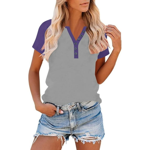 HongQid Womens V Neck Basic Tops Color Block Tunic T Shirts Summer Short Sleeve Casual Henley Cotton Tees Shirts