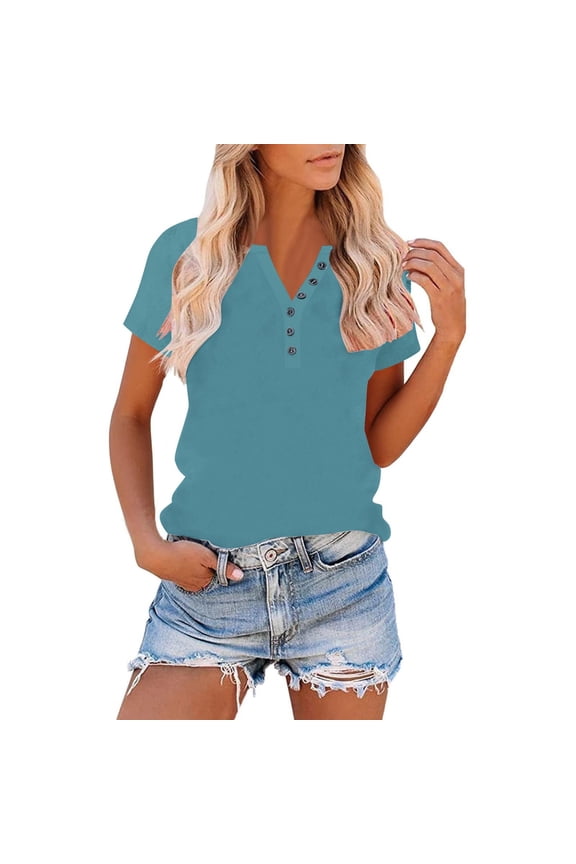 Womens V Neck Basic Tops Color Block Tunic T Shirts Summer Short Sleeve Casual Henley Cotton Tees Shirts