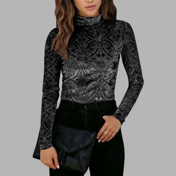 HongQid Womens Velvet Burnout Tops Slim Fit Turtleneck Top Long Sleeve Semi See Through Elegant Shirts