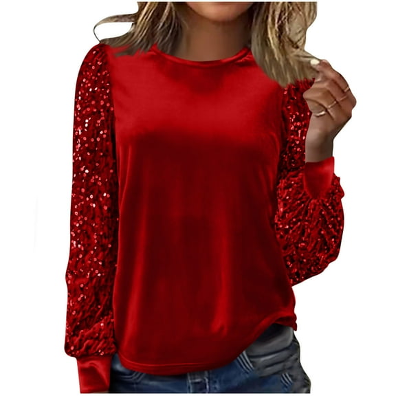 HongQid Womens Velvet Crewneck Sequin Long Sleeve Casual Patchwork Sparkle Shimmer Pullovers Sweatshirt