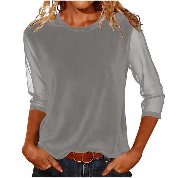 HongQid Womens Velvet Tops Trendy Dressy Casual 3/4 Length Sleeve Round Neck Elegant Blouses