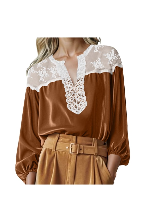 Womens Velvet Tops V Neck Long Puff Sleeve Spring Fall Trendy Dressy Casual Loose Party Holiday Retro Court Style Shirts