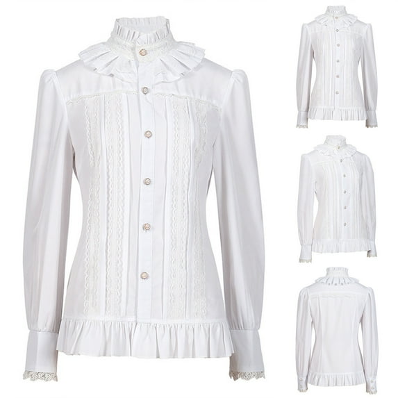 HongQid Womens Victorian Vintage Long Sleeve Shirt Ruffle Stand Collar Blouse Gothic Medieval Tops