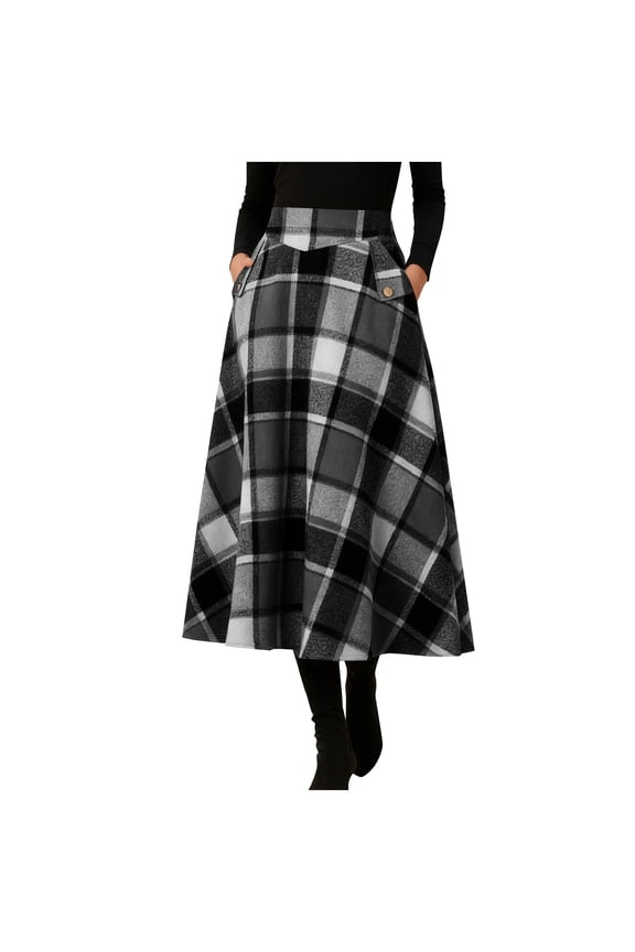 Womens Warm Wool Midi Skirts Winter Fall High Elastic Waist A line Flared Woolen Skirts