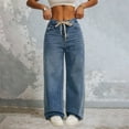 thumbnail image 1 of HongQid Womens Wide Leg Jeans Straight Leg Washed Denim Jeans Pants Drawstring Jeans, 1 of 8