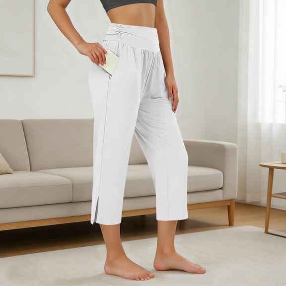 HongQid Womens Yoga Capris High Waist Capri Pants Loose Soft Wide Leg Lounge Casual with Pockets for Summer