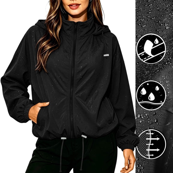 HongQid Womens Zip Up Hooded Windbreaker Jacket Drawstring Hem Elastic Cuff Lightweight Hiking Outerwear Loose Cut Spring Fall Clothes Ladies Trendy Casual Wind Shell Coat
