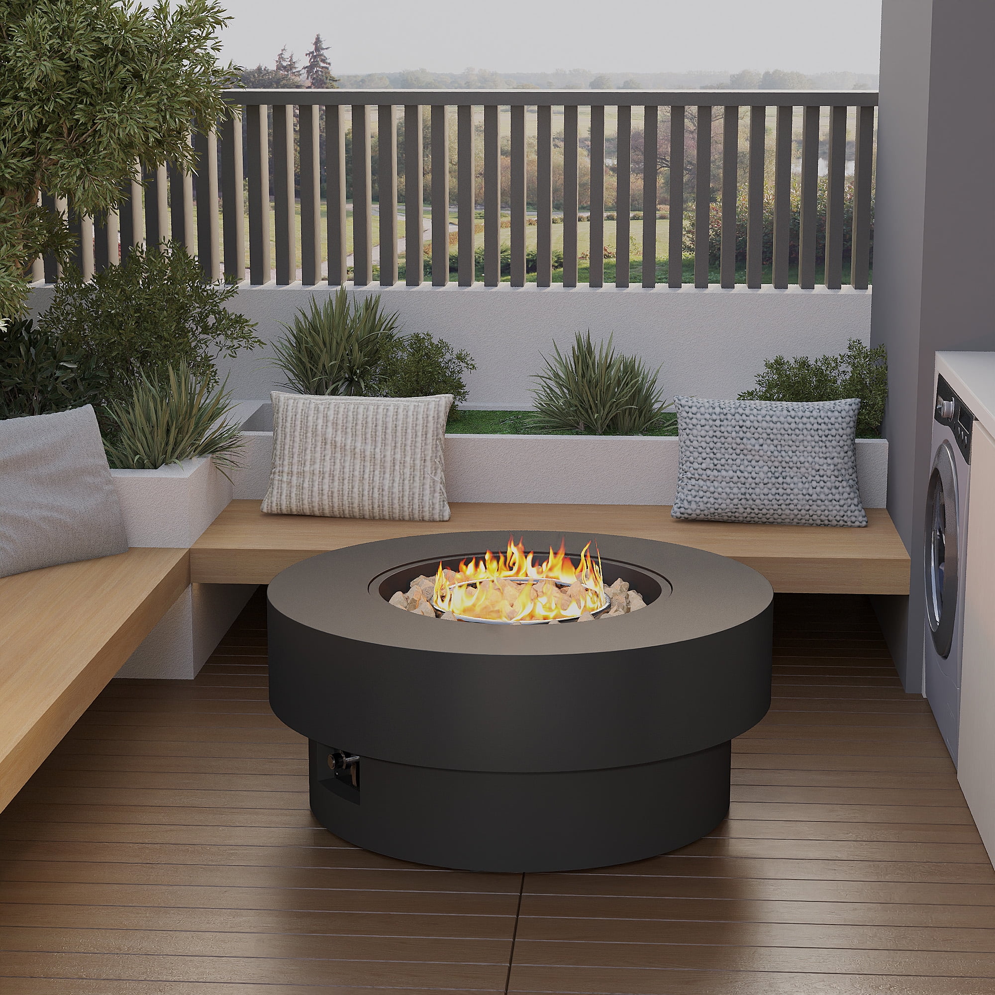 HongTaoK 32.5 inch Round Propane Fire Pit Table with Lava Rock, 50K BTU, Black