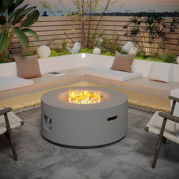 HongTaoK 32.5 inch Round Propane Fire Pit for Outside White 50K BTU Outdoor with Lava Rocks, All Weather Applicable, Gray