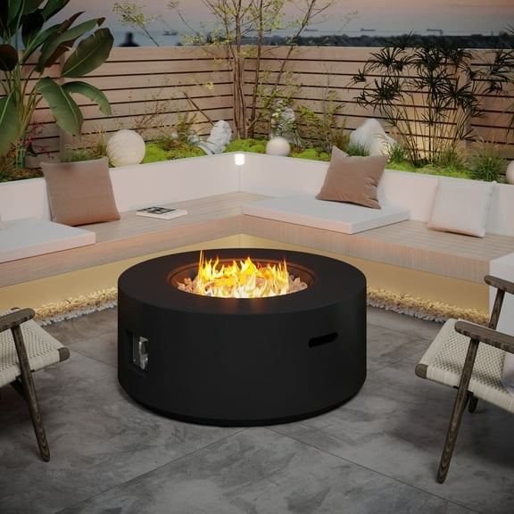 HongTaoK 32.5" Round Propane Fire Pit Black 50K BTU with Lava Rocks, and Eco-friendly, Black