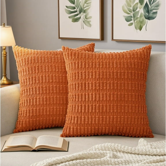 Hongan 2-Pack 18x18 Inch Rustic Farmhouse Boho Blue Striped Corduroy Throw Pillow Covers（Pink）