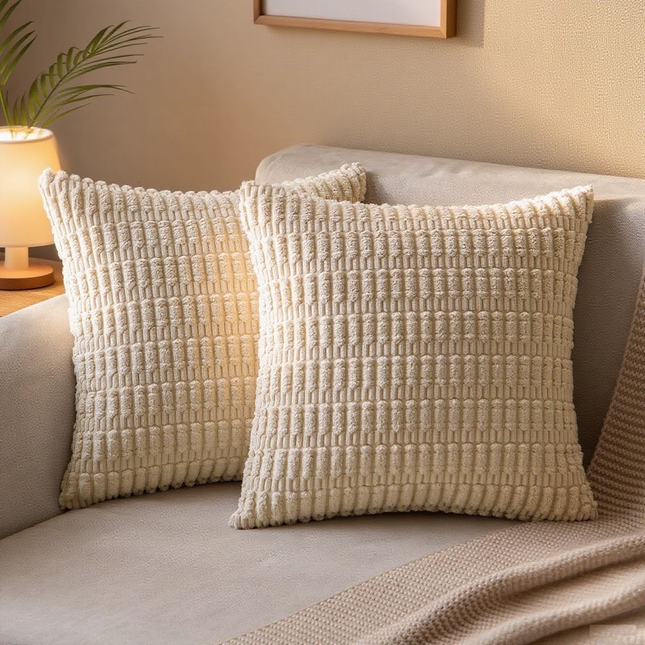 Hongan 2 Packs Beige Decorative Throw Pillow Covers 18x18 Inch for Living Room Couch Bed Sofa, Rustic Farmhouse Boho Home Decor, Soft Striped Corduroy Square Cushion Case - Walmart.com
