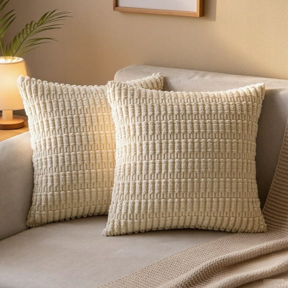 Hongan 2 Packs Beige Decorative Throw Pillow Covers 18x18 Inch for Living Room Couch Bed Sofa, Rustic Farmhouse Boho Home Decor, Soft Striped Corduroy Square Cushion Case