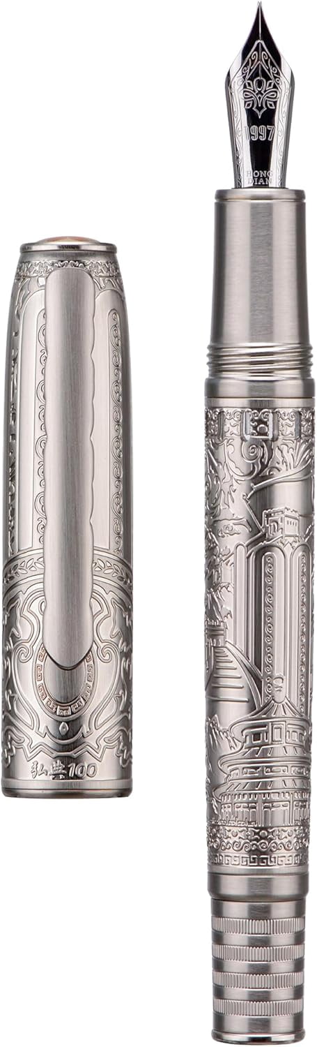 Hongdian 100 Piston Fountain Pen Silver Steel, Iridium Medium Nib Calligraphy Pen, Smooth Writing with Case Set