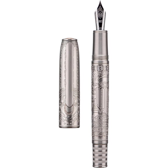 Hongdian 100 Piston Fountain Pen Silver Steel, Iridium Medium Nib Calligraphy Pen, Smooth Writing with Case Set