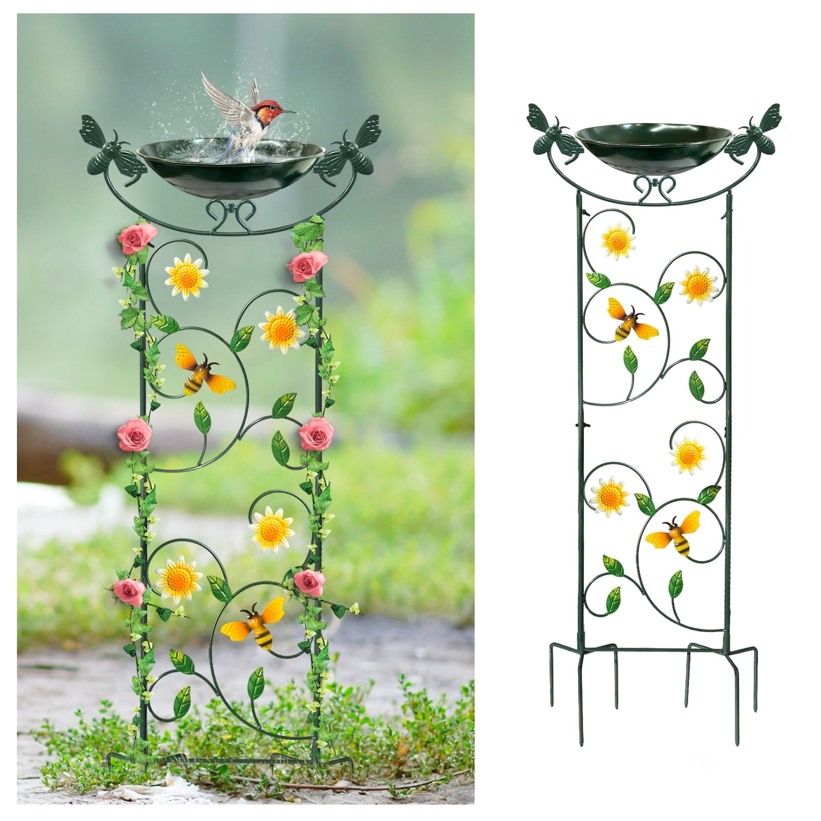 Hongland Metal Birdbath ,Plant Stake for Outdoor, 36 inch Height Garden Plant Trellis Bird Feeders with Honeybee-1 Pcs