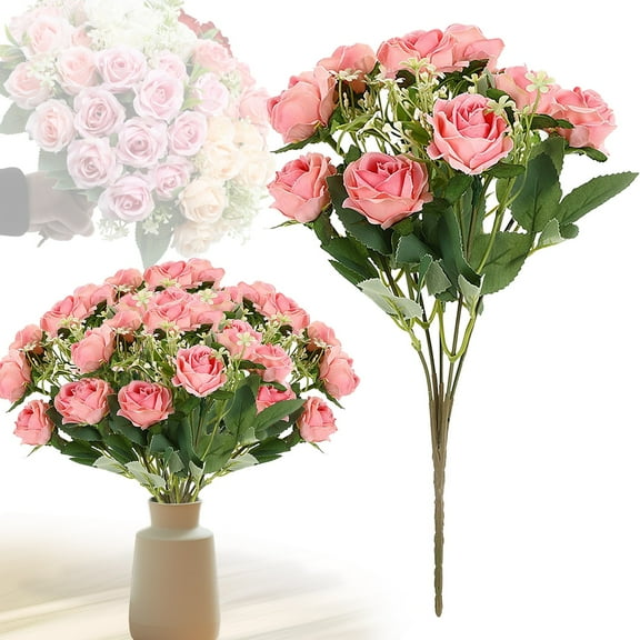 Honglin 5 Heads Artificial Oss Rose Bouquet, Windproof Faux Flower for Autumn Wedding Home Decor Peach Pink