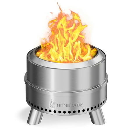 Hongtaok 20 inch Portable Smokeless Fire Pit Outdoor, Stainless Steel, Waterproof Cover and Poker Removable Ash Pan Included.