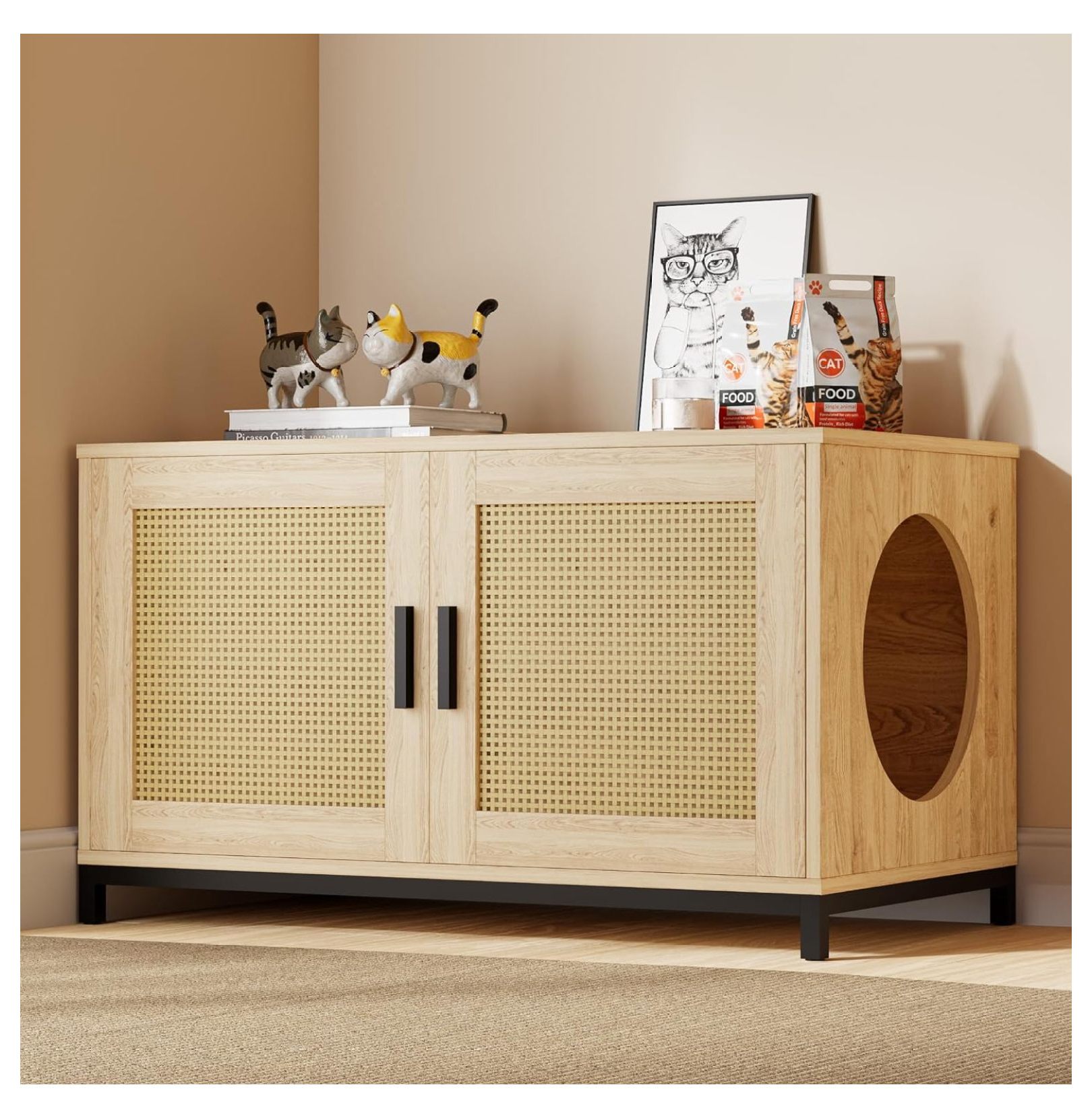 Hongwa Hidden Cat Litter Box Enclosure, Rattan Cat Litter Box Furniture