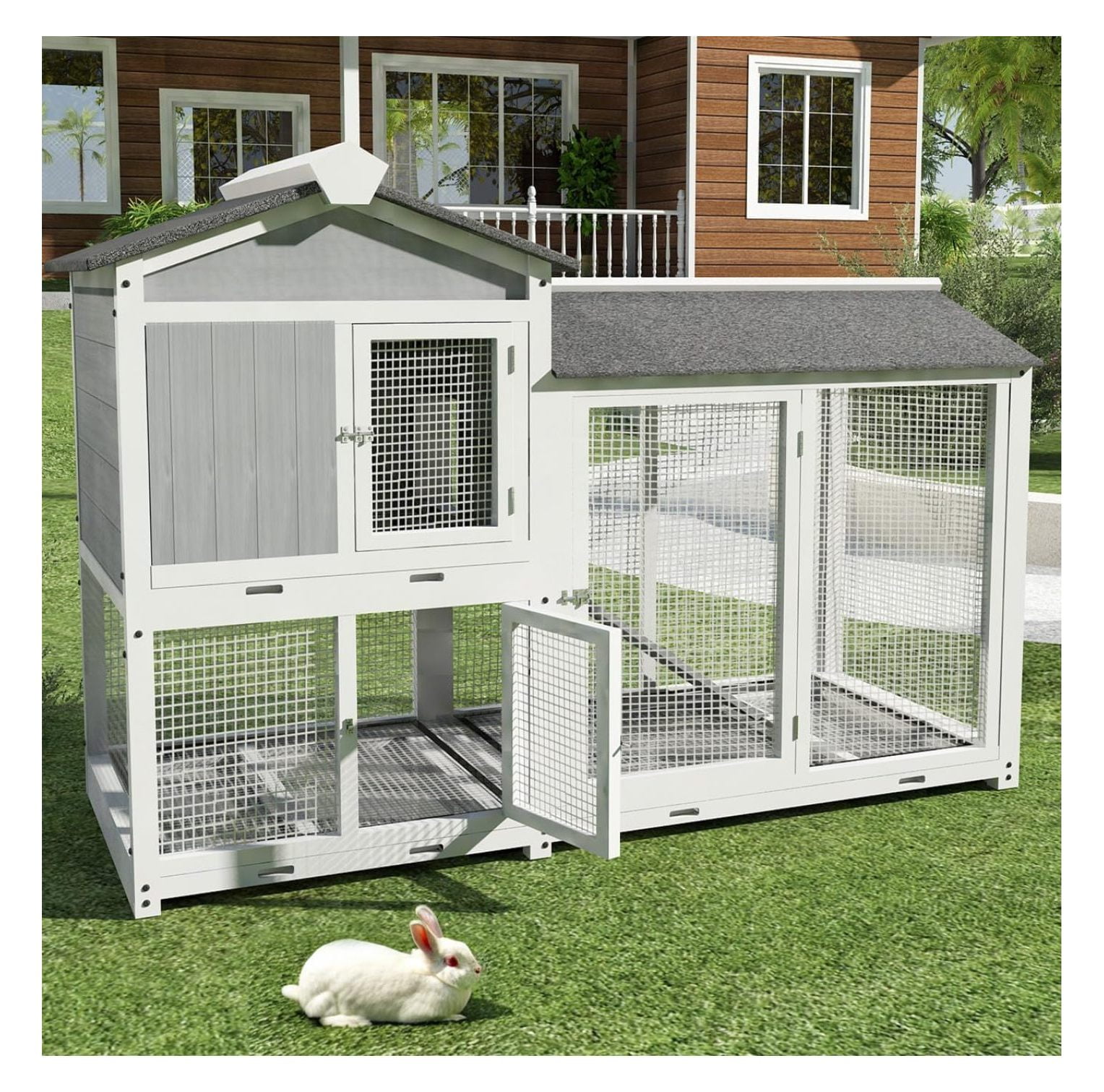 Bunny Cage 47L Two-Story Rabbit Hutch With Wheels Indoor