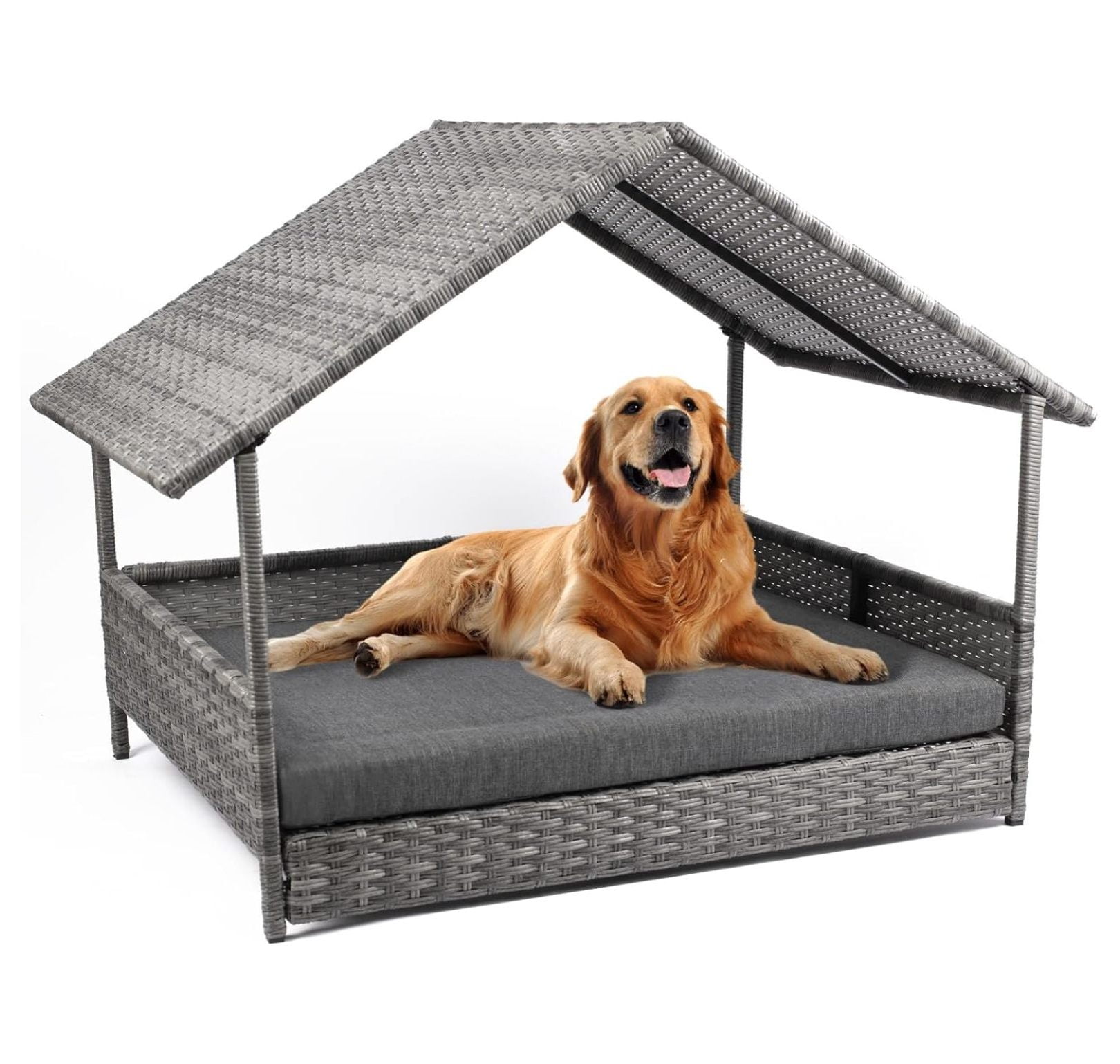 Hongwa Wicker Dog House, Elevated Rattan Dog Bed with Canopy, Large Dog