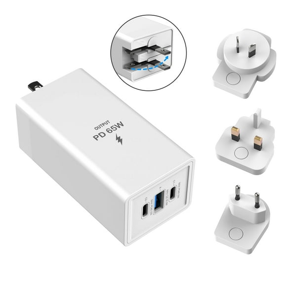 Hongyi 65W PD 3 in 1 Foldable Fast Charger Travel Plug Adapter with 2 USB C + 1 USB A Ports, Charging Station