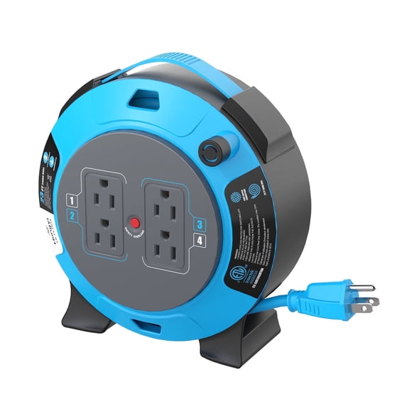 Hongyi Extension Cord Reel 23ft,16AWGX3C,SJT,4-Outlet,Blue