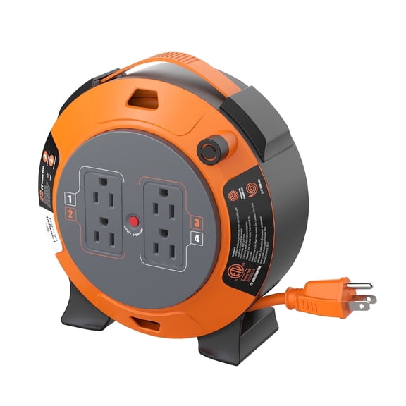 Hongyi Extension Cord Reel 23ft,16AWGX3C,SJT,4-Outlet,Orange