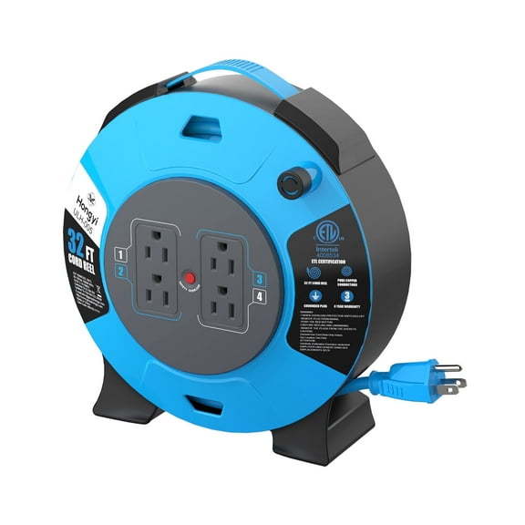 Hongyi Extension Cord Reel 32ft,16AWGX3C,SJT,4-Outlet,Blue