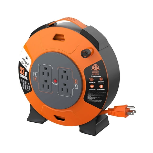 Hongyi Extension Cord Reel 32ft,16AWGX3C,SJT,4-Outlet,Orange