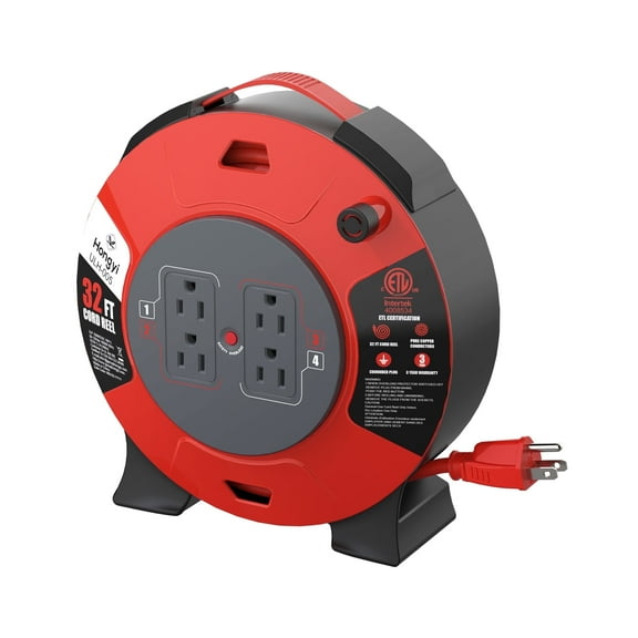 Hongyi Extension Cord Reel 32ft,16AWGX3C,SJT,4-Outlet,Red