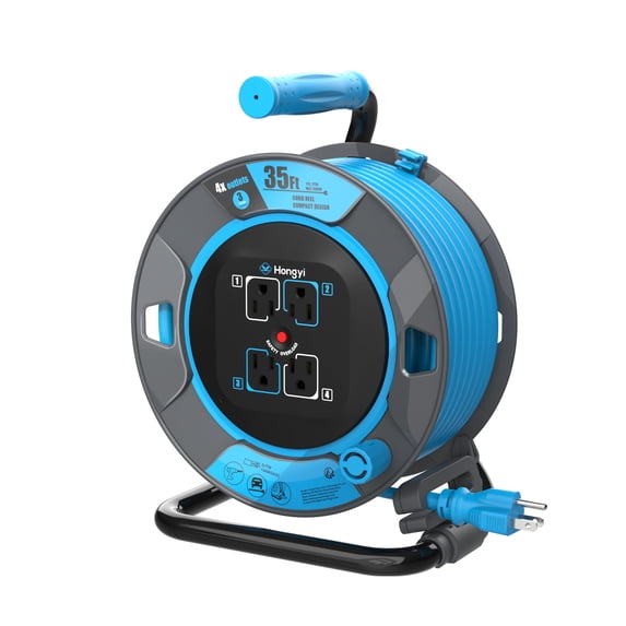Hongyi 35ft Heavy Duty Extension Cord Reel with 4-Outlet for Outdoor, 14AWG/3C, SJTW Cable, Blue
