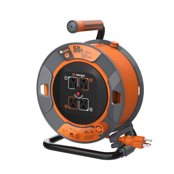 Hongyi 50ft Heavy Duty Extension Cord Reel with 4-Outlet for Outdoor, 14AWG/3C, SJTW Cable, Orange