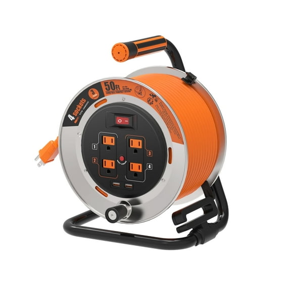Hongyi Heavy Duty Extension Cord Reel 50ft with Power Switch,Safety Overload and Wind Handle,12AWGX3C,SJT,4-Outlet+2-USB,Orange