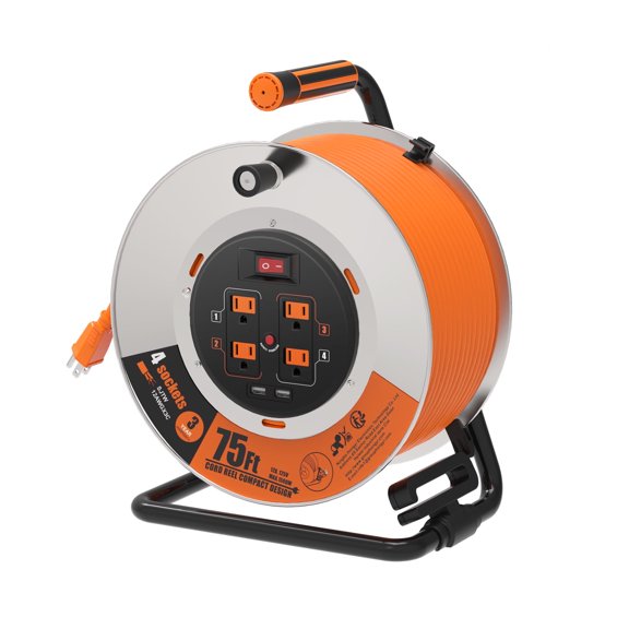 Hongyi Heavy Duty Extension Cord Reel 75ft with Power Switch,Safety Overload and Wind Handle,12AWGX3C,SJT,4-Outlet+2-USB,Orange