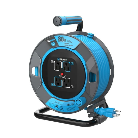 Hongyi Heavy Duty Extension Cord Reel 80ft, 14AWGX3C, SJTW, 4-Outlet, Blue