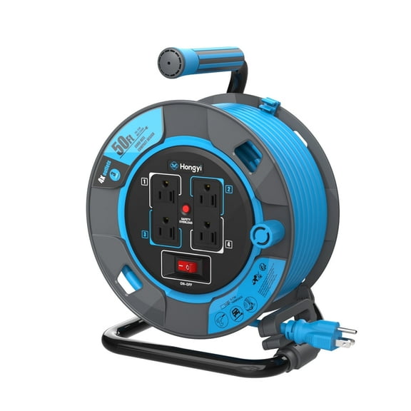 Hongyi Extension Cord Reel with Power Switch 50ft,14AWGX3C,SJTW,4-Outlet,Blue