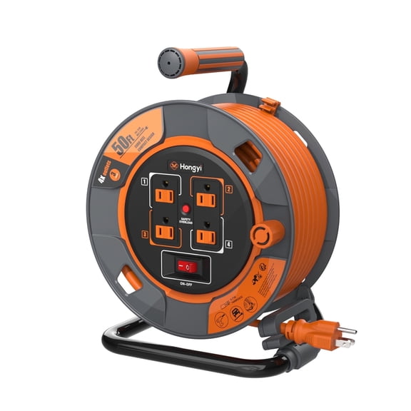 Hongyi 50ft Extension Cord Reel with 4-Outlet for Outdoor/Indoor, Power Switch, 14AWG/3C, SJTW Cable,Orange